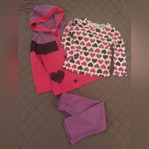 Pink and Purple Heart Kids Shirt with Purple Pants and Cardigan Set